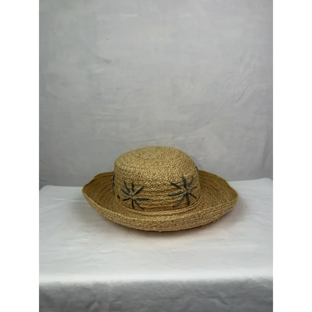 Vintage Natural Straw Sun Hat Wide Brim Floral Raffia Beach Boho Cottagecore - Picture 9 of 9